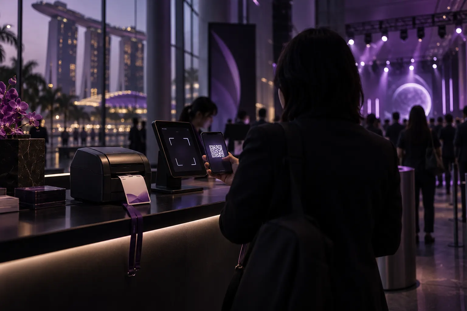 Illustrative render of a conference check-in desk with QR scanning and badge printing